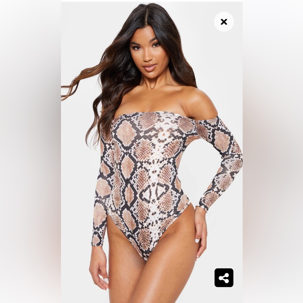 NEW! Pretty Little Thing Adhria White Snake Print Bardot Thong Bodysuit in sz 8